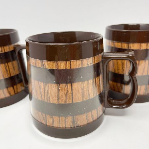 VTG Thermo Serv Insulated Coffee Cups Brown Wood Barrel Stripe Mugs - Set of 4 - Picture 5 of 8